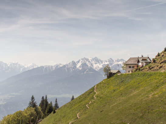 Die Höttinger Alm Blick Richtung Süden, im Hintergrund die Serles, Nockspitze und die Kalkkögel